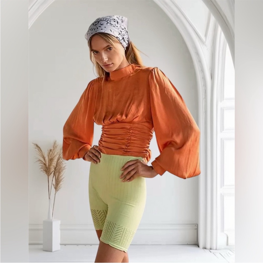 NWOT Free People Orange Satin Open Back Blouse